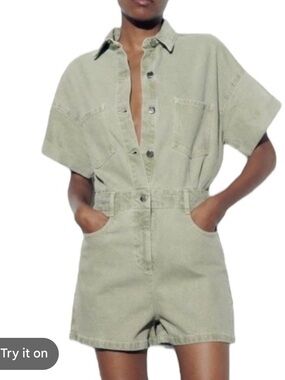 Zara Sage Green Short Denim Jumpsuit
